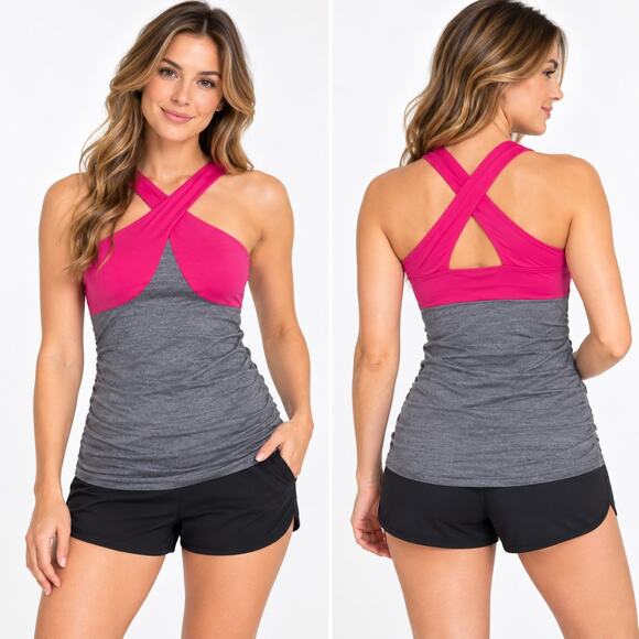 Inspire Tops - Be Up Inspire Womens Medium Pink Gray Criss Cross Halter Athletic Yoga Tank Top
